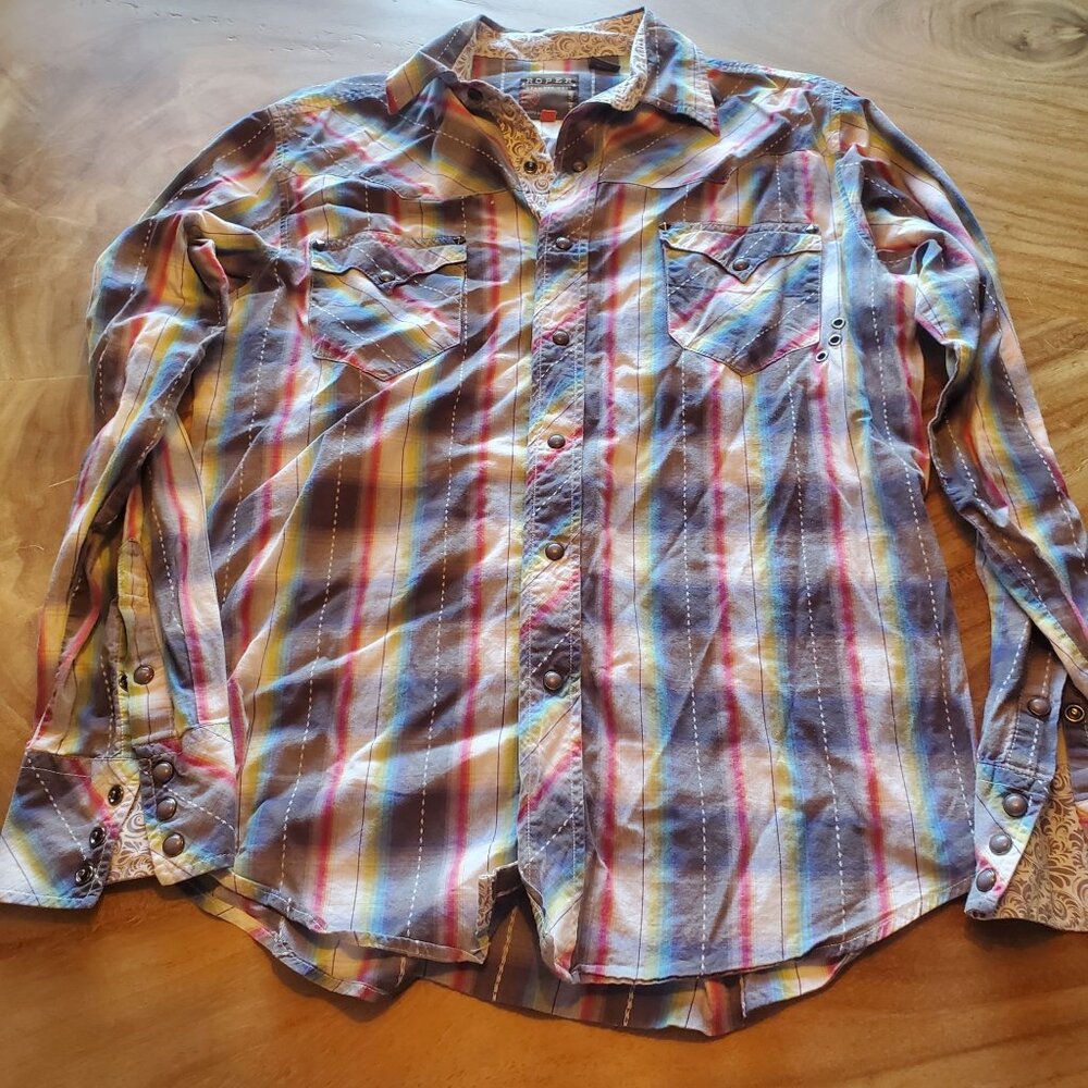 Roper Western Rainbow-Striped Long Sleeve Button-Up Shirt Size M Studded Pockets